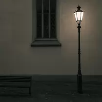 Silent Geometry A lone street lamp glows softly beside an old window and an empty bench, casting subdued light across a quiet, dimly toned city wall.