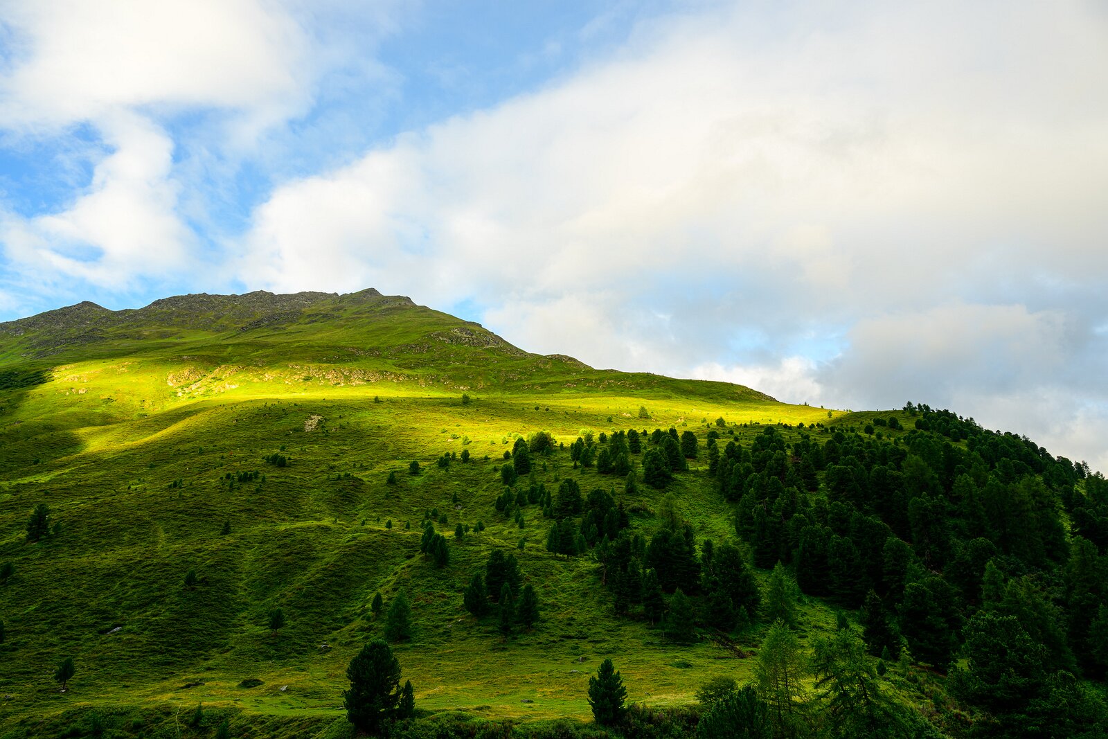 Mountain Light Rolling green hillside dappled with sunlight below a rocky mountain crest.