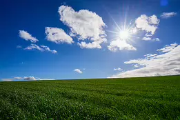 Quiet Brilliance A vibrant landscape of lush green grass under a deep blue sky, with the sun radiating bright beams through scattered white clouds, creating a peaceful and...