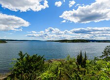 Fjord Vista Wide summer view across Oslofjord from a green shoreline in Oslo.