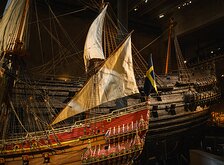 Maritime Majesty A detailed scale model of the 1628 Vasa warship stands before the preserved original hull inside Stockholm’s Vasa Museum.