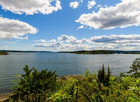 Fjord Vista Wide summer view across Oslofjord from a green shoreline in Oslo.
