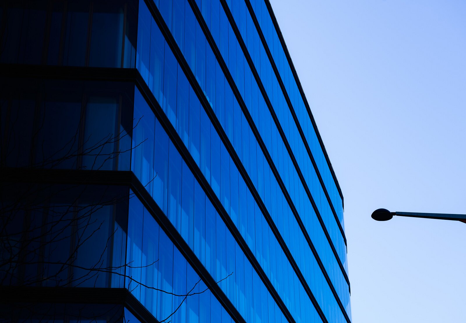 Blue Minimalism Sharp corner of a blue glass office tower with a lone streetlamp silhouette against a pale Vienna sky.