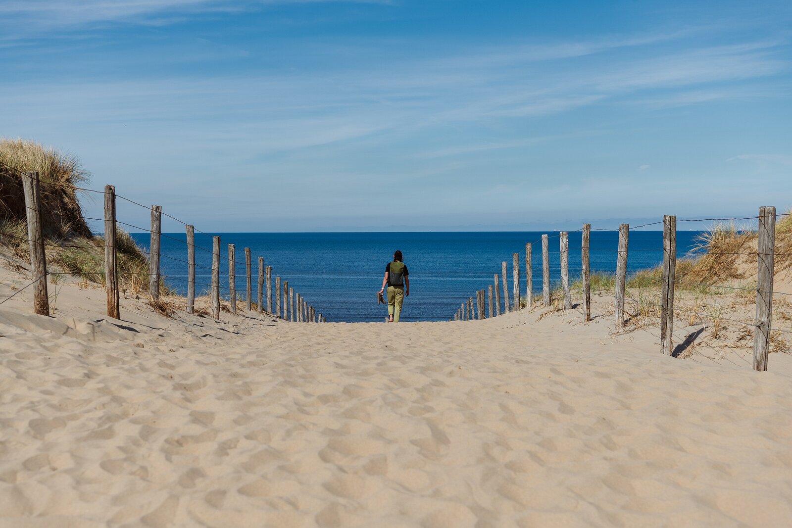 Seaside Escape A barefoot figure walks down a sandy path toward the calm ocean horizon.